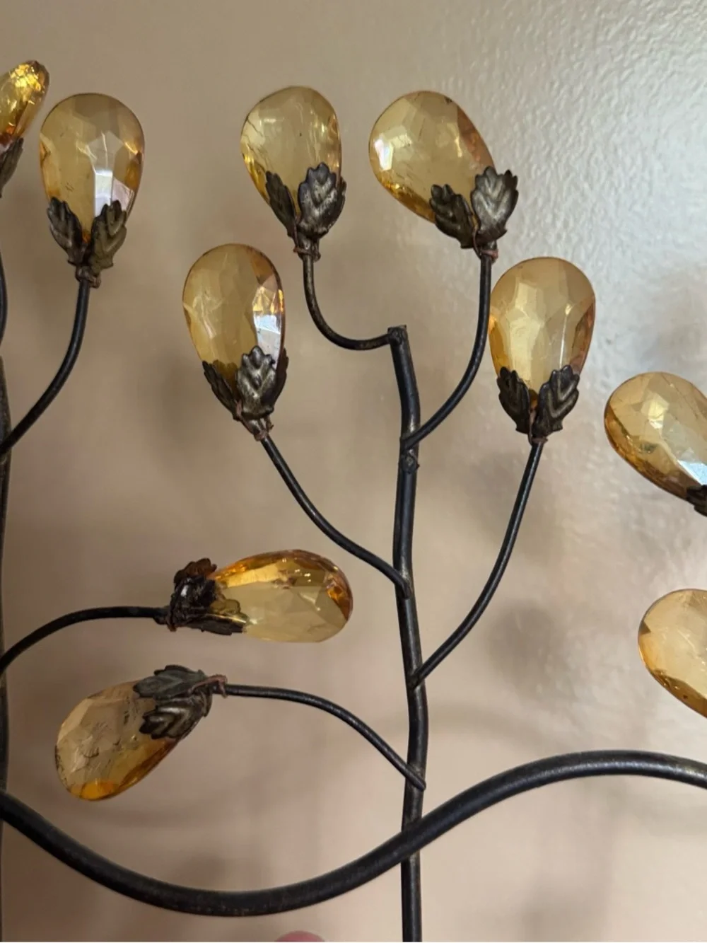 Metal Wall Plaque Coat Hat Towel Hook With Amber Acrylic Crystal Knobs 4 Hook